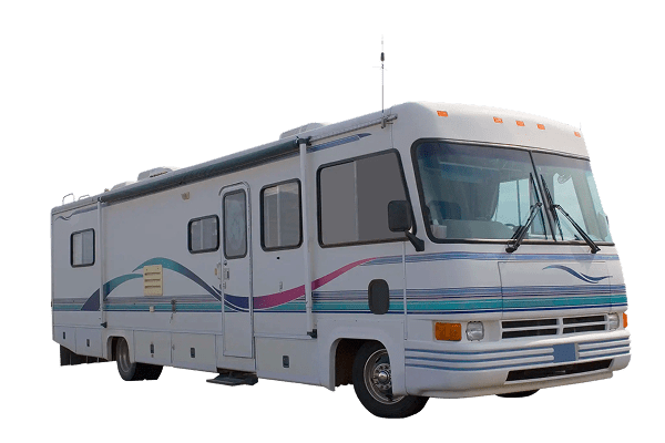 A white motorhome with colorful stripes parked, ready for travel.
