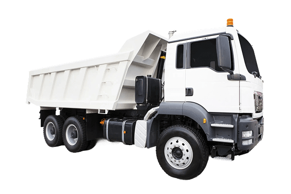 White dump truck with six wheels isolated on white background.